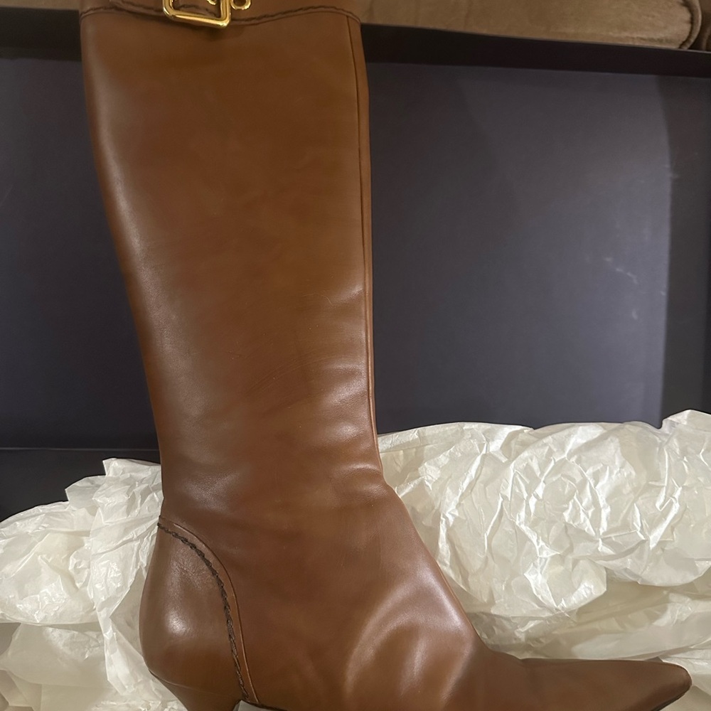 Prada Women's Tan Leather Heeled Boots - Picture 5 of 8